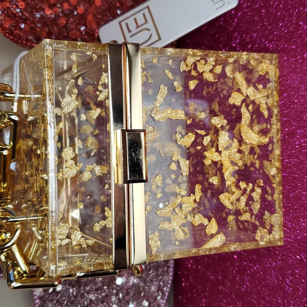 🎉HP🎉Urban Expressions 💜NWT💜 Acrylic Gold Foil Box Bag & Gold Chain Handle! - Picture 7 of 15